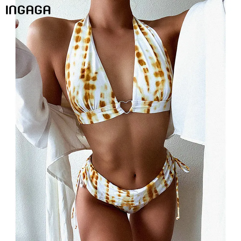 

INGAGA Halter Bikinis Swimsuits High Waist Swimwear Women String Bow Biquini Ruffle Bathing Suits Printing Beachwear 2020 New