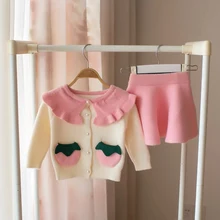 Осенне-зимний детский комплект одежды принцессы для маленьких девочек, вязаный трикотажный свитер с рюшами+ плиссированные юбки костюмы из 2 предметов, S9929