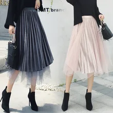 2 многослойное двусторонний бархатный плиссированная юбка миди-юбка в сетку, осень-зима Винтаж женские с высокой талией с фатиновой юбкой длиной макси юбки