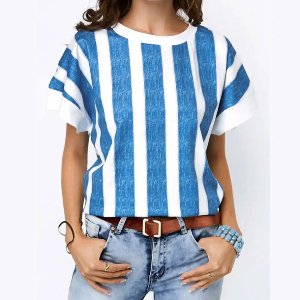 new style vertical stripes summer tee tops female casual t shirt