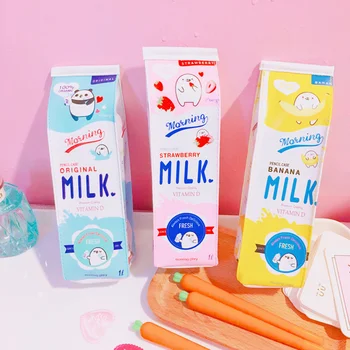 

Kawaii Milk Box Pencil Bag Student Cute Korea Pu Large Capacity Pen Case Estuches Stationery for Girls Boy Gift