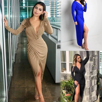 

Women's Deep V-Neck Long Sleeve Front Split Casual Women's Dress Dropshipping Winter 2020 fashion Sexy size Multi-color ins wind
