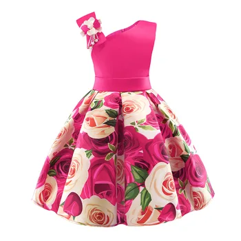 

New Summer Girl Flower Bow Dress Girl Satin Print Single Shoulder Strap Sling Princess Dress Beautiful Princess Christmas Gift