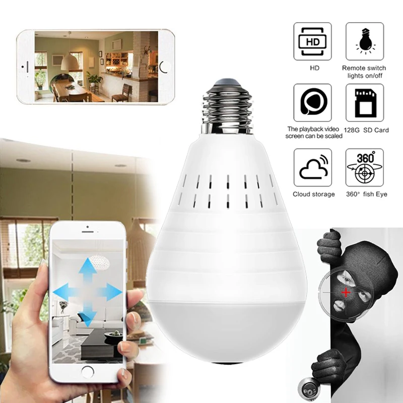 Mini câmera ip de 360 graus led luz 960p panorâmica sem fio segurança em casa wi fi cctv fisheye lâmpada duas maneiras áudio