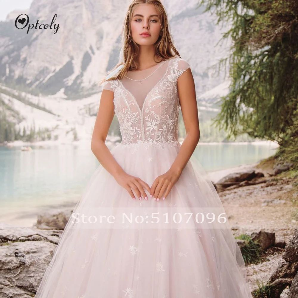 Optcely Vestido De Noiva Гламурные розовые прозрачные Свадебные платья с круглым вырезом и рукавом-крылышком свадебное платье с аппликацией и бисером