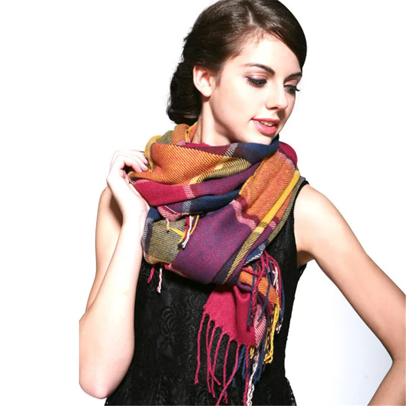 Клетчатый зимний шарф, женские шейные шарфы, модные шарфы на каждый день, кашемировые женские шали и шарфы - Цвет: 7