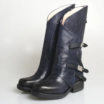 

Women Mid-Calf Boots Chunky heels chaussure vintage Genuine leather plus size western cowboy shoes woman zapatos mujer sapato