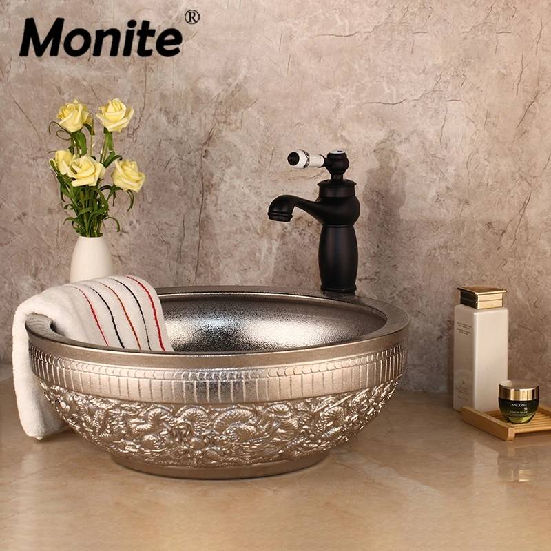 Monite Silver Bathroom Bowl Sink Ceramic Washbasin Set Hand Paint Lavatory Bath Basin Combine & Brass Black ORB Faucet Mixer Tap |