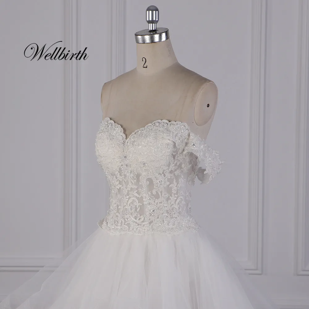 Реальное изображение Wellbirth Vestido de novia милое tull zippber ТРАПЕЦИЕВИДНОЕ свадебное платье с открытыми плечами свадебное платье JC050