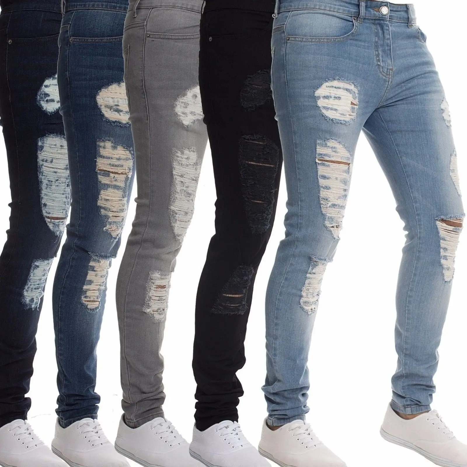 

Men PURE Color Leggings JEANS Pencil Pants Broken Hole