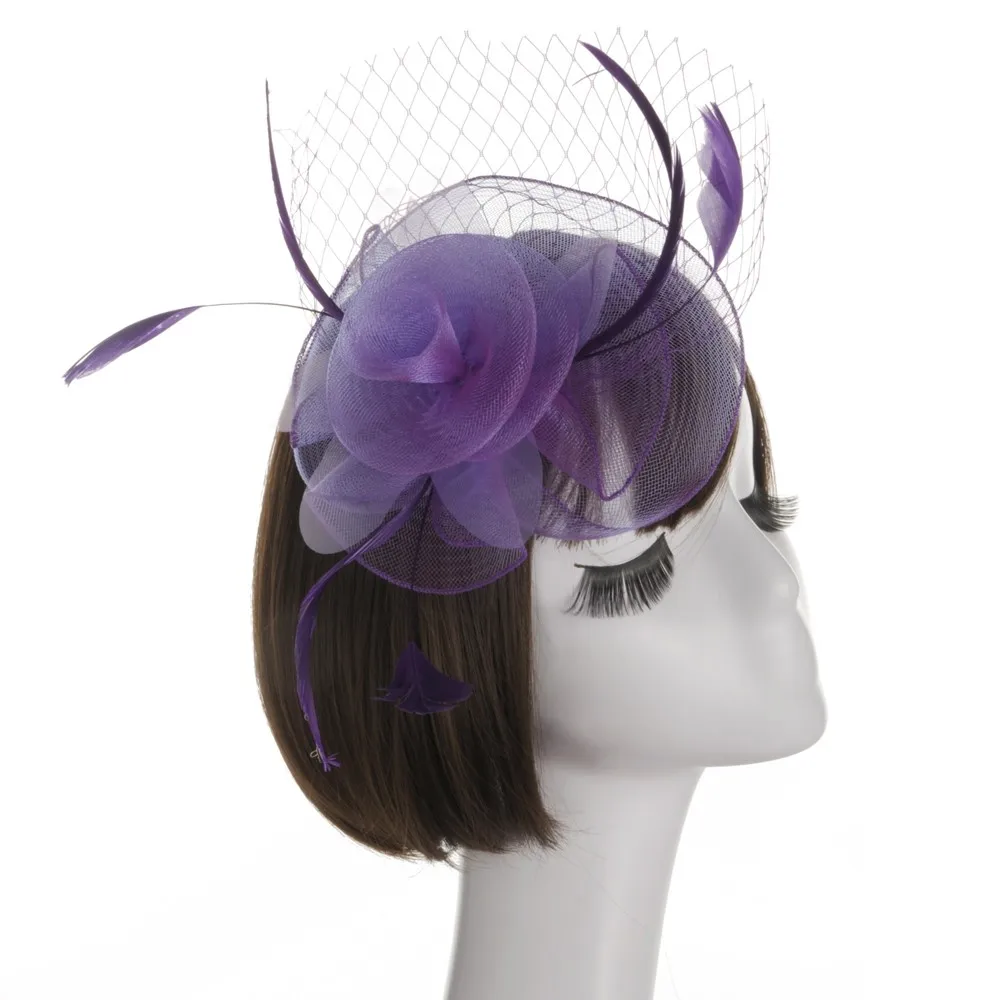 Фиолетовый New Women Elegant Wedding Party Hat Fascinator Mesh Ribbons Feathers flowewr Hat pamelas y tocados para bodas - Цвет: Фиолетовый