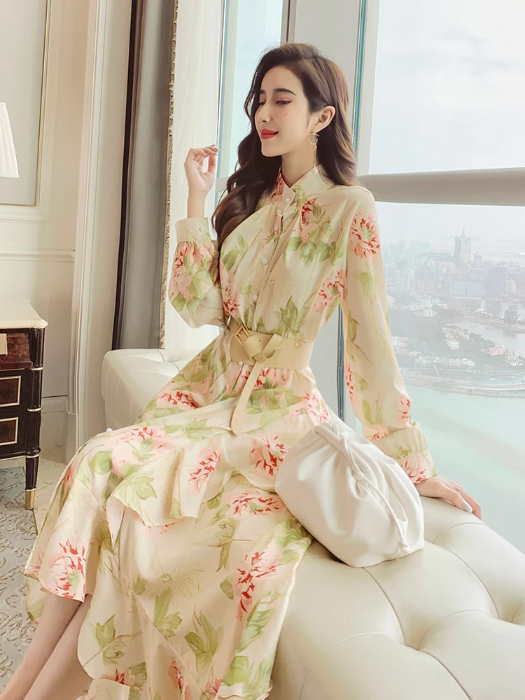 Palace style printed dress autumn 2020 new style female western style ruffled irregular Office Lady  Polyester