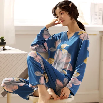 

XIZOU Pyjama Women Autumn Womens Pajamas Sets Long-sleeved Sleepwear Suits Girl Fashion Casual Outerwear Sleepwear Night Suit