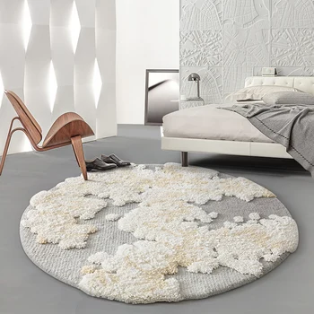 

Nordic style lace floral pattern 3D handmade 60% wool area rug, pastoral round shaped New Year decoration abstract art carpet