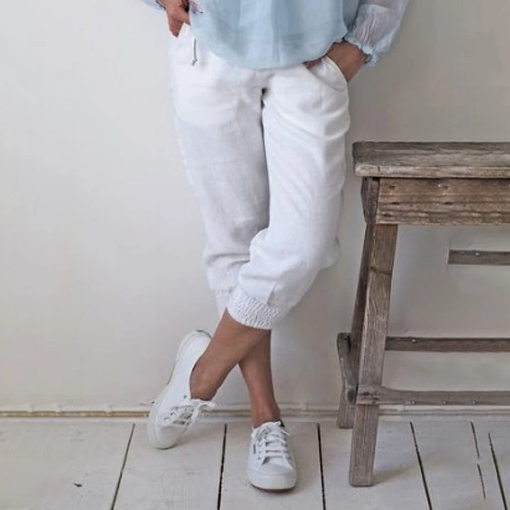 White Women Cotton Pants Short Pants Capris Casual Loose Elastic Waist Female Plus Size Summer Calf-length Women Pants White Women Cotton Pants Short Pants Capris Casual Loose Elastic Waist Female Plus Size Summer Calf-length Women Pants