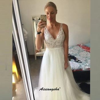 

Simple New Romantic Wedding Dress Sleeveless Beach Formal Gown Illusion Tulle vestido De Noiva Ribon Backless Свадебное платье