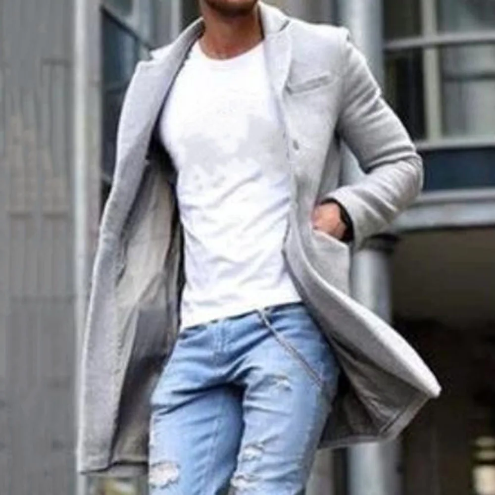 Low Price Wool Blends Men Fashion Autumn Spring Plian Office Vintage Causal Long Blazer Winter Coat 4 Colors Plus Size 3XL Overcoat Black