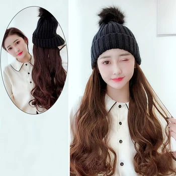 

New Fashion Long Curly/Straight Wig with Elastic Knit Hat Wigs Heat Resistant Synthetic Natural Fake Hair Wigs for Grils