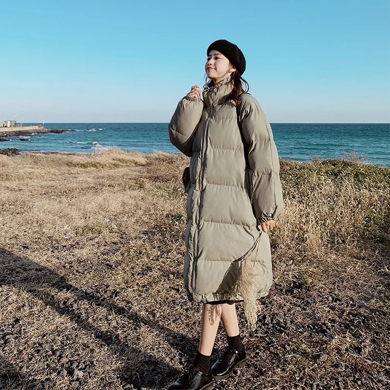 

2019 Chic Korean-style Green down Coat Thick Mid-length New Style College Style BF down Feather Cotton Overcoat Women's Winter