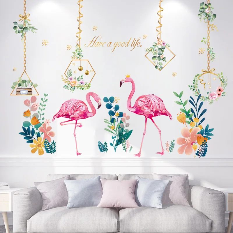

[SHIJUEHEZI] Flamingo Animal Wall Stickers DIY Chlorophytum Flowers Mural Decals for House Living Room Kids Bedroom Decoration