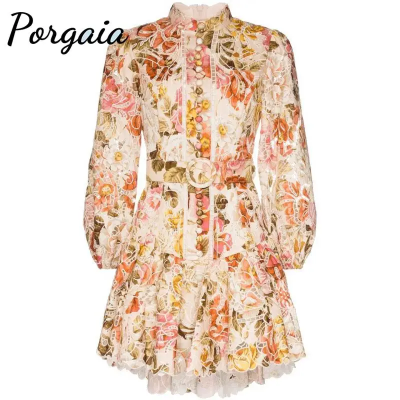 

Porgaia Cascading Ruffle Hollow Out Three Quarter Floral A-Line Bohemian Puff Sleeve Travel Style Personal Dress
