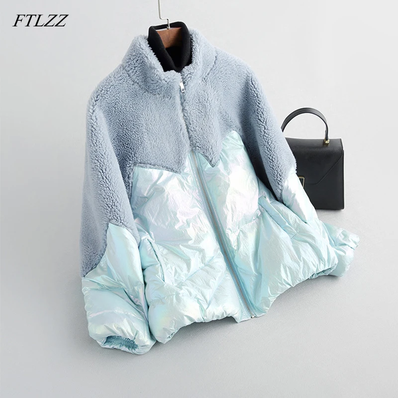 Женская куртка на утином пуху FTLZZ теплая блестящая Лоскутная парка из овечьей