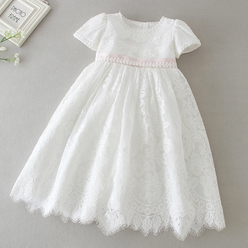 Новое белое платье для крещения для маленьких девочек с шапкой, детское кружевное платье длинное платье на крестины для новорожденных, платье макси для подружки невесты
