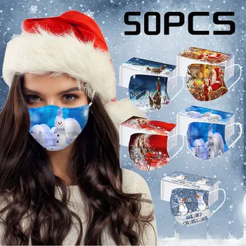 

50pc Christmas Print Masks For Protection Face Mask Disposable Earloop Mask Beautiful Fashion Face Mascarillas For Christmas