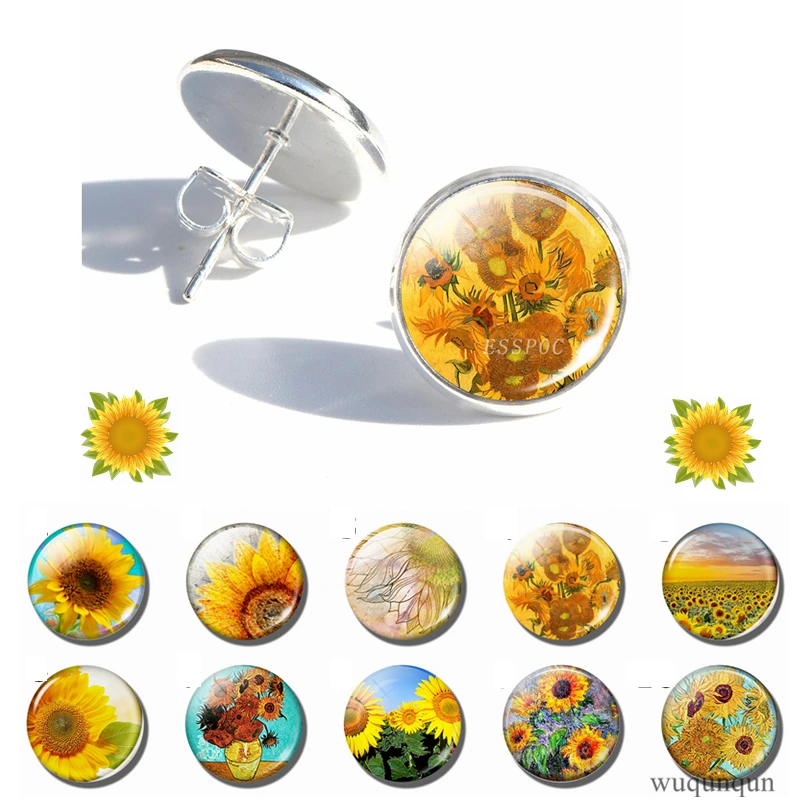 Fashion Sunflower Simple Style Stud Earrings Women Glass Cabochon Jewelry Findings Van Gogh Flower Earings Gifts | Украшения и