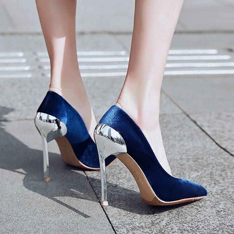 Zapatos de tacón alto de terciopelo azul marino mujer, tacones de Metal con purpurina, puntiagudos, sin cordones, para vestido de noche| Zapatos de tacón de mujer| -