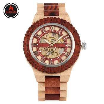 

REDFIRE Roman Numbers Display Mechanical Men Wood Watch Transparent Skeleton Self Winding Casual Men's Watches Automatic Clock