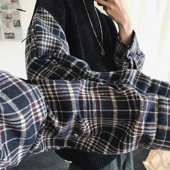 

Winter New Sweater Men's Warm Fashion Lattice Stitching Casual Knit Pullover Man Streetwear Wild Loose Fake Two Sweater Male