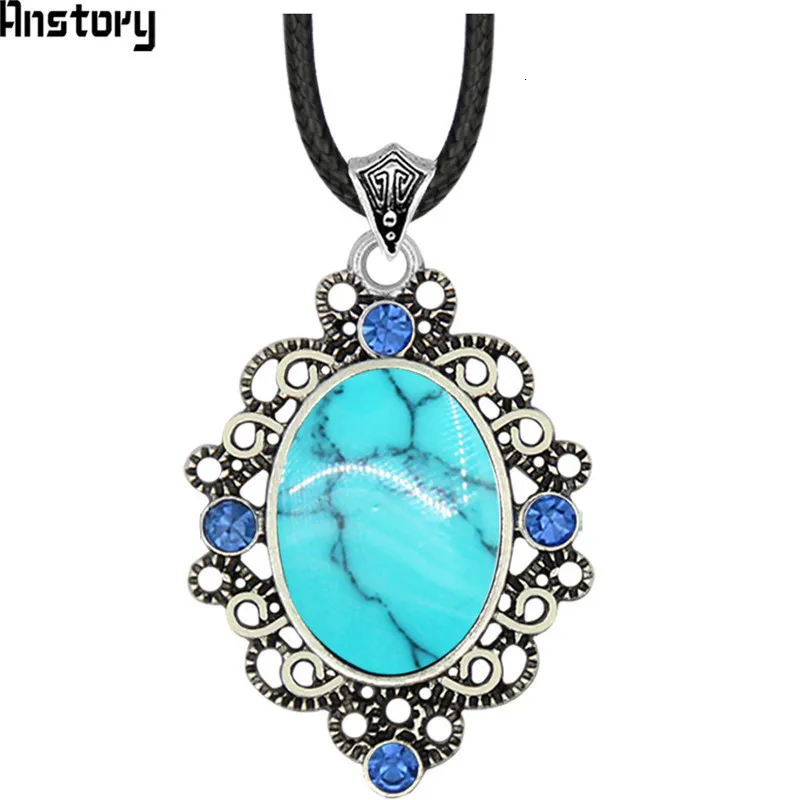 Oval Vintage Stone Jewelry Set Crystal Necklace Earrings Hollow Flower Antique Silver Plated Fashion Jewelry For Woman TS475