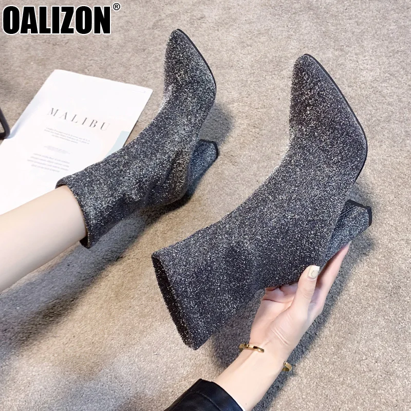 

Winter Sequin Stretchy Knitted Fashion Women Bottine High Chunky Heels Lady Female Booties Socks Botas Mid-Calf Boots Shoes R684