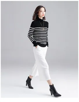 

WOMEN Autumn thin sweater simple black and white contrast color striped high neck wild long-sleeved base knitted T-shirt