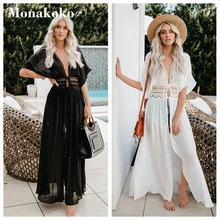 Сексуальное пляжное платье, женское, черное, белое, кружевное, длинный купальник, купальник, накидка, женская вязаная туника, халат, Пляжная футболка