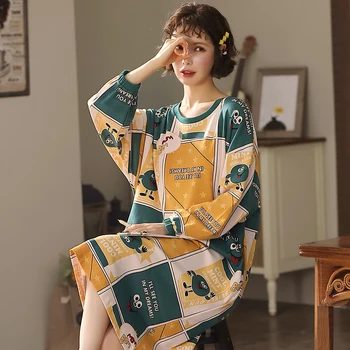 

Fashion Nightdress Large Size Fashion Long-sleeved Stitching Color Loose Nightgown Sleepwear Pajamas