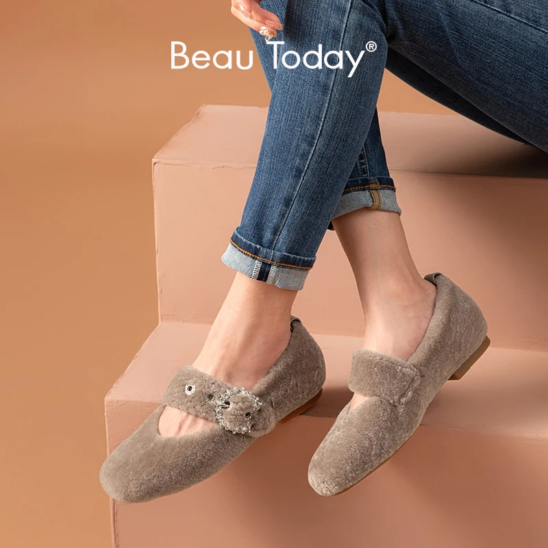 BeauToday mocasines planos Janes hebillas para mujer, suaves de lana con punta redonda, hechos a mano, 28504|Zapatos planos de mujer| - AliExpress