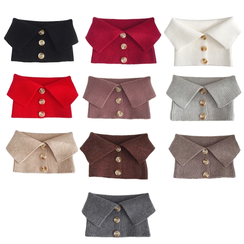 

Women Winter Buttons Turtleneck Fake Collar Solid Color Knit Warm Circle Scarf