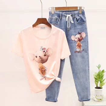 

Two Piece Set Women 2020 Spring Clothing New Fashion Beads Cute Rat Printed T-shirt + Elastic Waist Jeans Girls Student Outfits