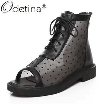 

Odetina Women Fashion Black Thick Mid Heel Air Mesh Summer Boots Lady Polka Dot Back Zipper Lace Up Peep Toe Cross-tied Booties
