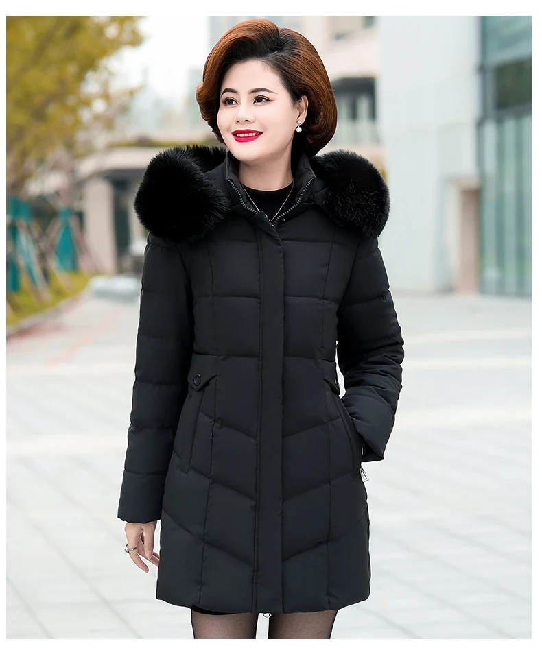 Женская куртка среднего возраста, зимняя, размера плюс, 6XL, утолщенная, теплая, с капюшоном, на пуху, хлопок, длинное пальто, высокое качество, меховой воротник, женские парки
