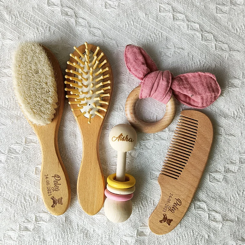 Personalized Baby Comb Girl Bathing Comb Baby Care Hair Brush Pure Natural Wool Wood Comb Newborn Massager DIY Gift