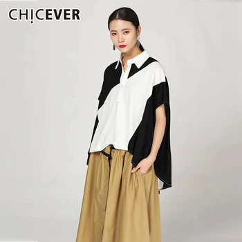 

CHICEVER Summer Casual Patchwork Hit Color Women T-shirt Lapel Short Sleeve Loose Slim Female Top Clothing 2020 Fashion Tide