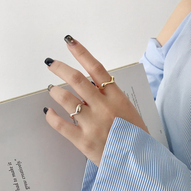 Silver Creative Handmade Rings Irregular Wave Smooth Engagement Jewelry for Women Size 16.5mm Adjustable