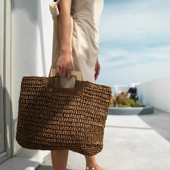 

Summer Straw Handbag Wooden Handle Large Capacity Paper Rope Woven Straw Bag 2020 New Fashion Summer Vacation Travel Beach Bag