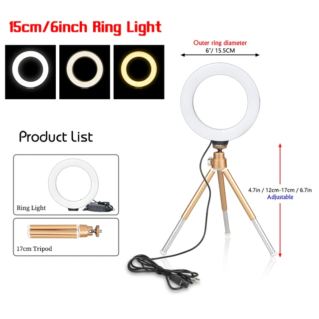 SH 16cm 6 inch Ring Light With Tripod Stand Usb Charge Selfie Led Lamp Dimmable Photography Light For Photo Photography Studio package D
