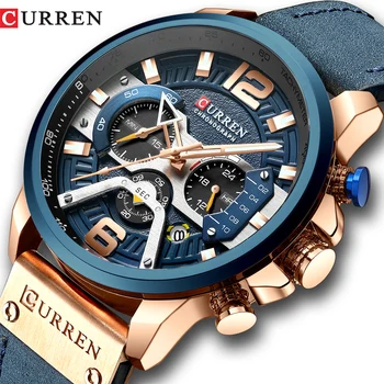 

CURREN Casual Sport Mens Watches Blue Top Luxury Brand Military Leather Wristwatch Male Clock Fashion Chronograph Wristwatch