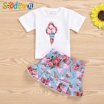 

Sodawn Girls Set Cute New Summer Toddler Kids Short Sleeve Ice Cream Top T-shirt & Skirts 2Pcs Children Clothes