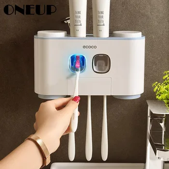 

ONEUP Automatic Toothpaste Dispenser Dust-proof Toothbrush Holder With Cups No Nail Wall Stand Shelf Bathroom Accessories Set